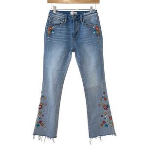 Driftwood Denim Floral Embroidered Jeans‎ Kick Boot Flare Raw Edge Size 25